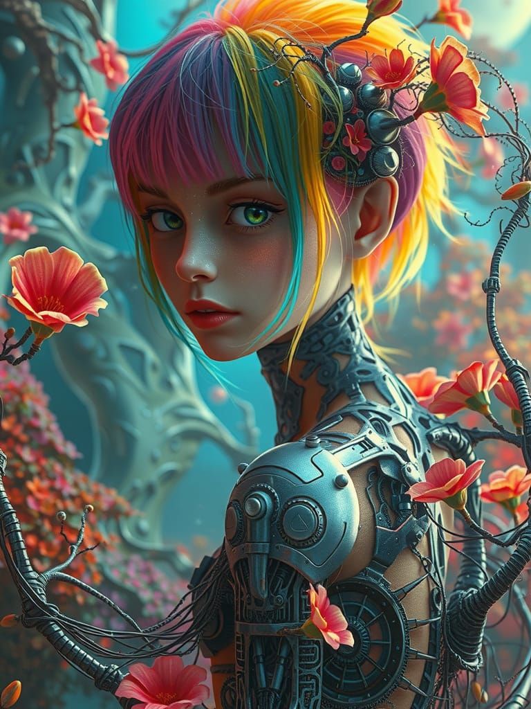 Ethereal Girl in Biomechanical Dreamscape