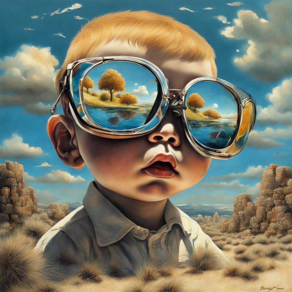 Surreal Baby Face Wearing Sunglasses in a Dreamlike Landscap...