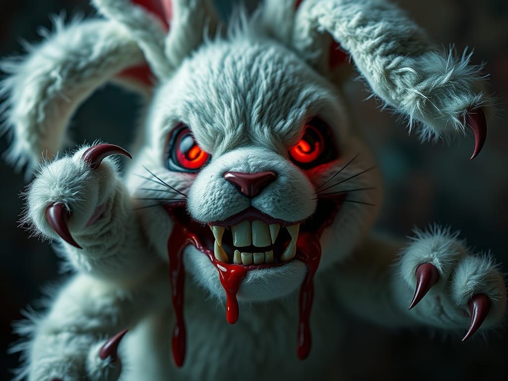 Surreal Evil Vampire Bunny with Red Eyes and Blood