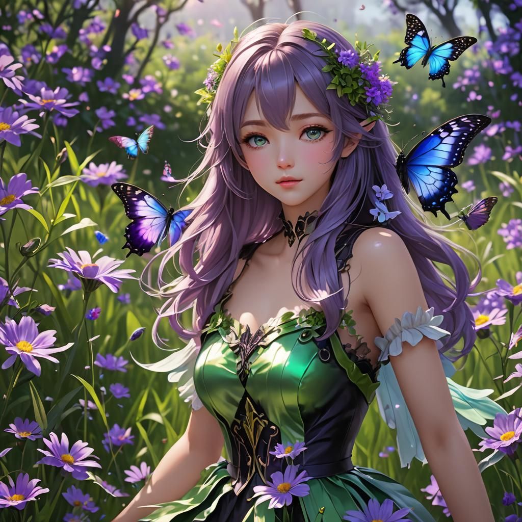Lush Meadow with Iridescent Butterfly in 3D Anime Art