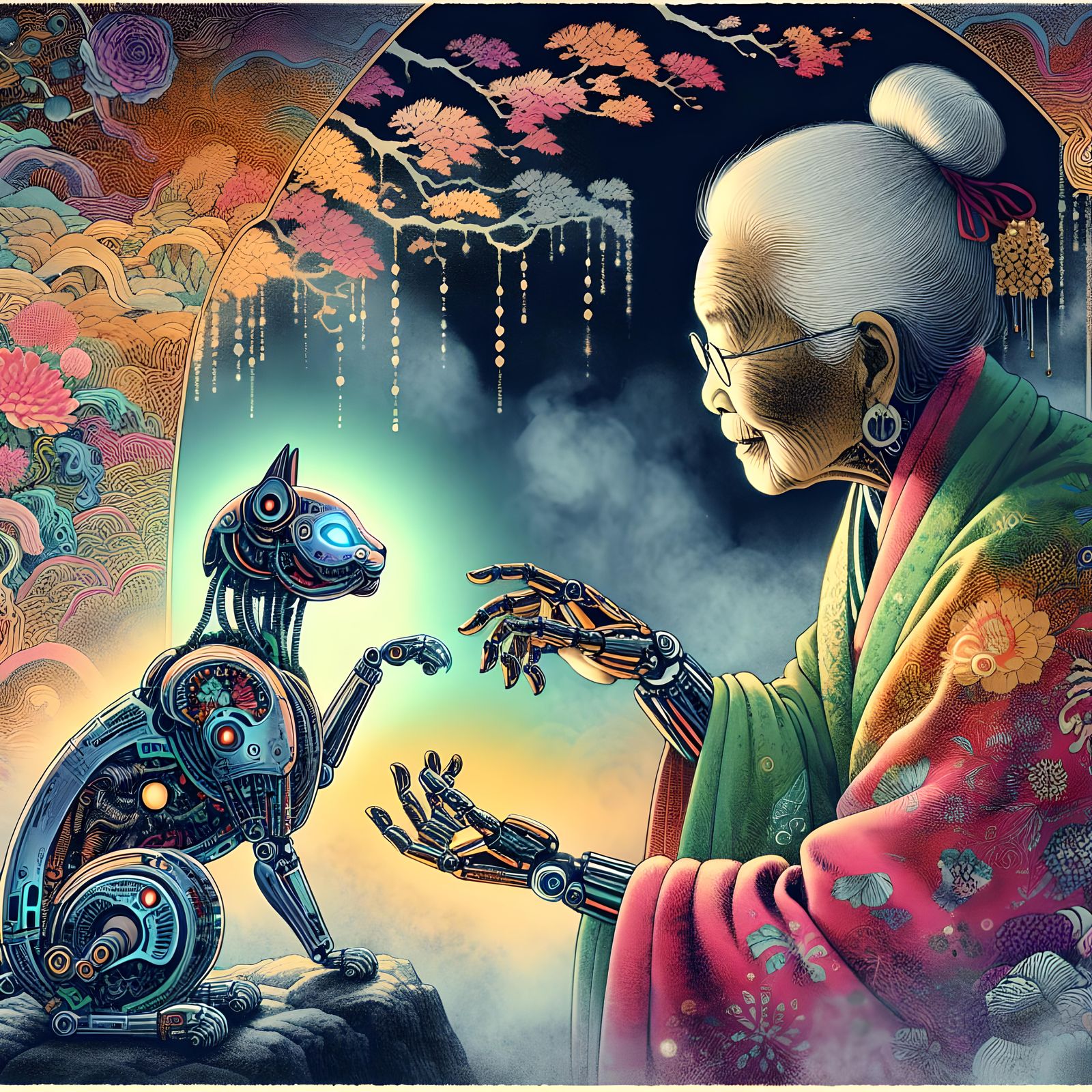 Woman and Cyborg Cat in Ukiyo-e Style