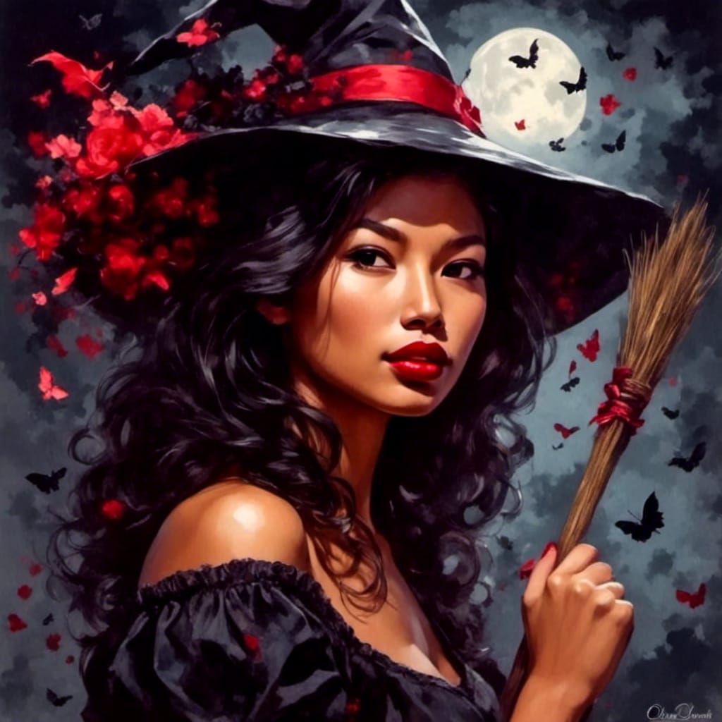 Pixie Witch Rides Broom in Gothic Noir Style