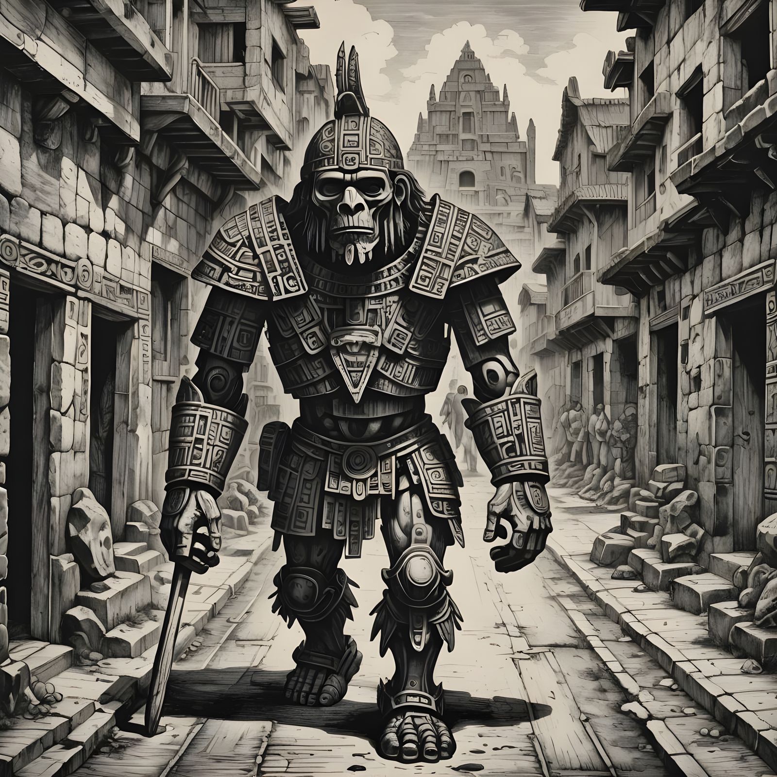 Aztec Stone Golem in Abandoned City: Woodcut