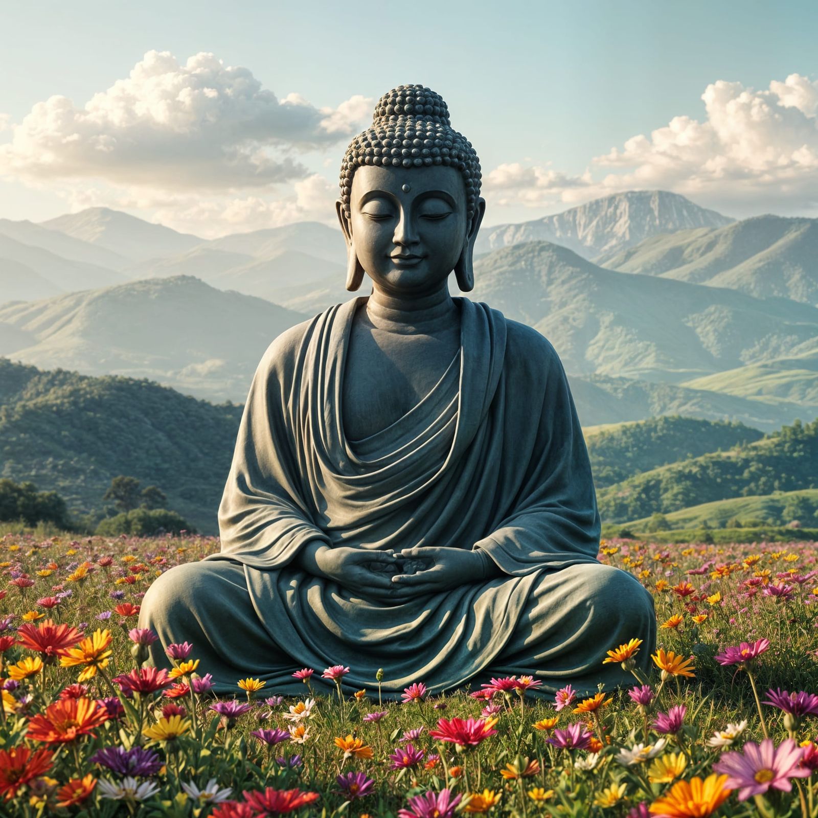 Buddha Contemplating Universe in Vibrant Wildflower Field