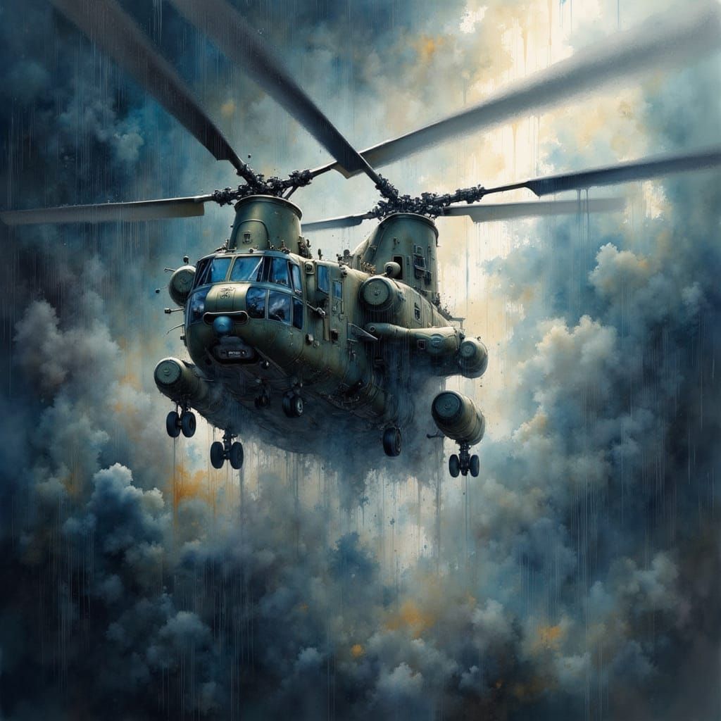 Chinook Helicopter Ascends Into Stormy Raincloud