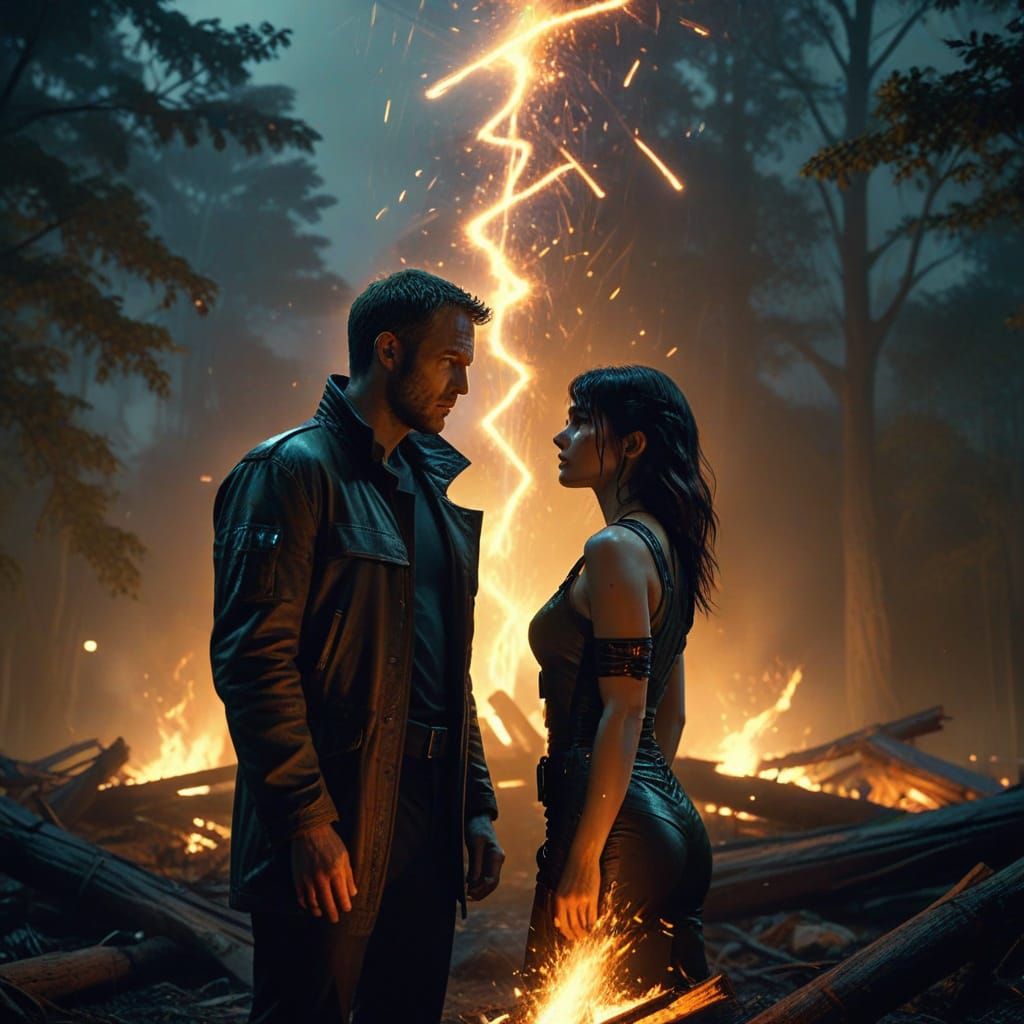 : A couple stargazes beside a crackling bonfire, the flames ...