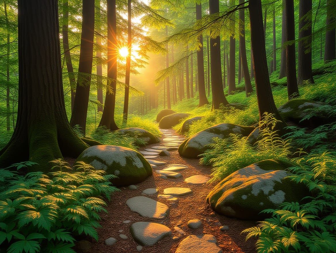 Surreal Sunset Forest Path in Vibrant Colors