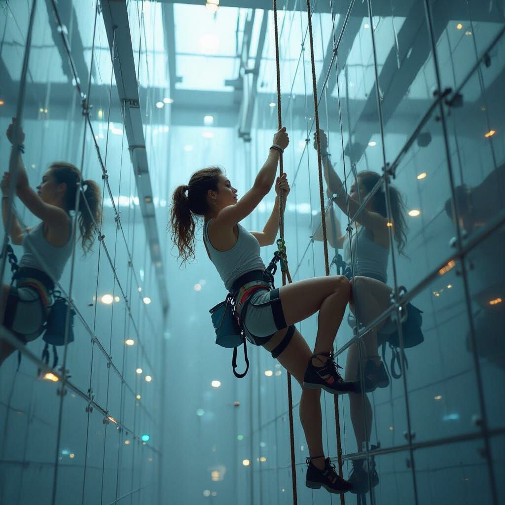 Woman Climbs Mirrored Wall in Retro-Futuristic Style