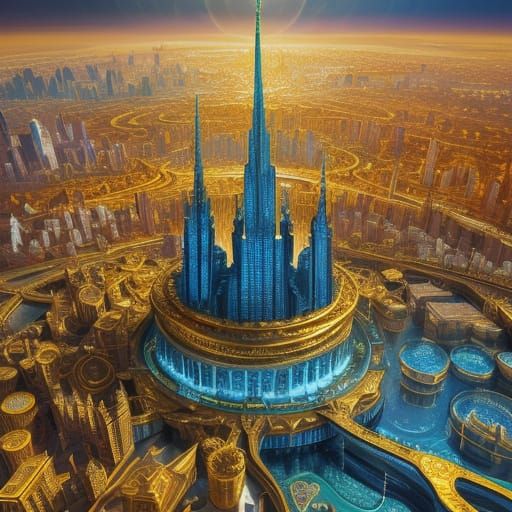 Golden City of Wealth in Vibrant Oil Painting Style