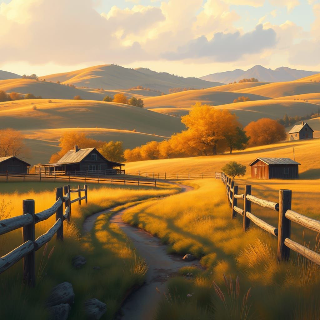 Golden Ranch Sunset in Impressionist Style