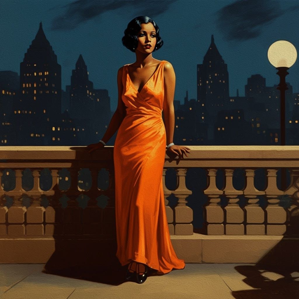Elegant Woman in Orange Gown, Film Noir Portrait