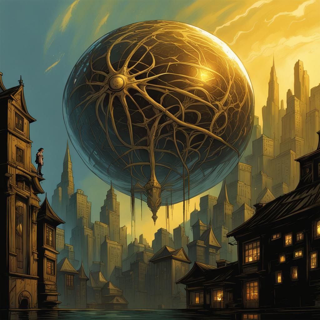 Golden Orb Over Fantasy City: Comic Book Art