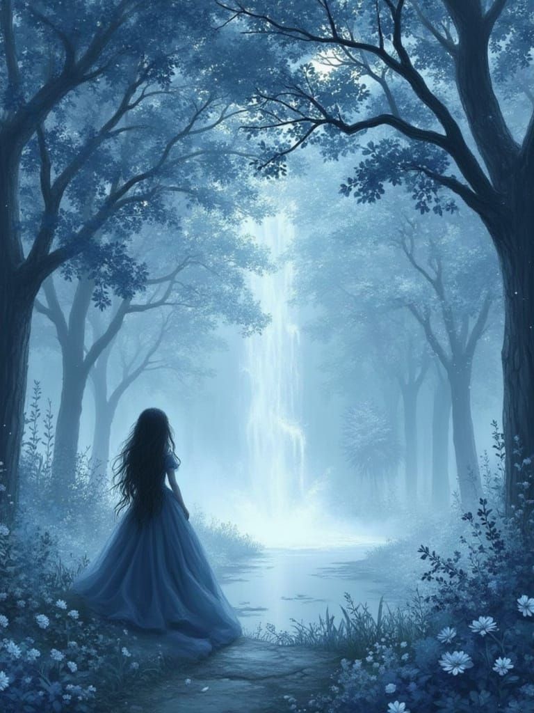 Fantasy Female Amidst Trees in Pale Blue Palette