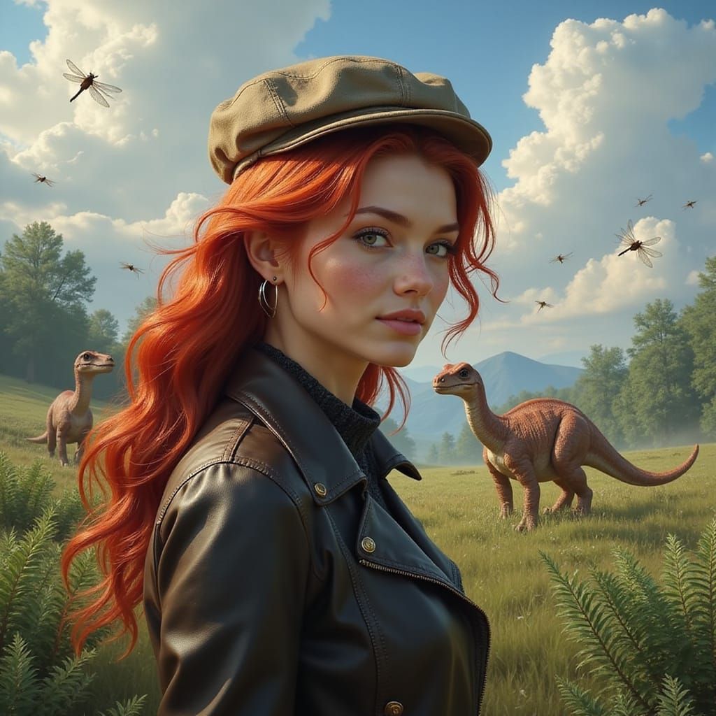 Fierce Redheaded Paleontologist Amidst Prehistoric Paradise