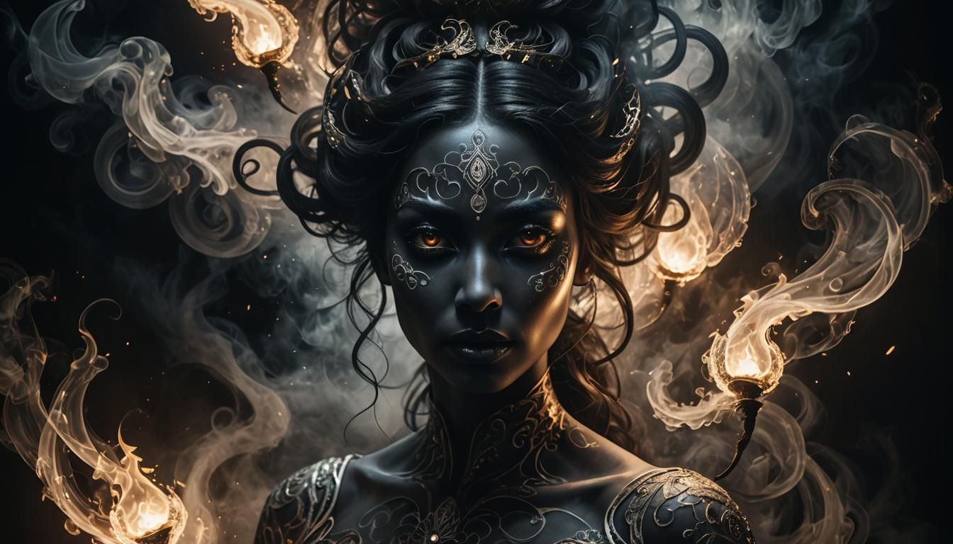 Mysterious Smoke Deity Portrait in Dark Surrealism