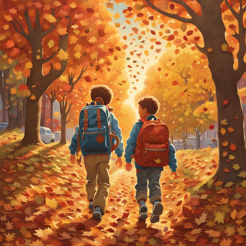 Children's Autumn Walk: A Hyperrealistic Golden Hour Scene