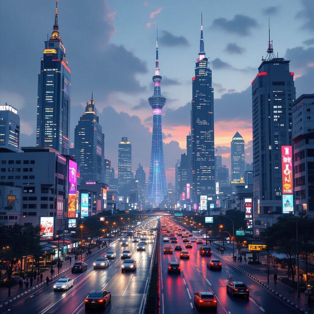 Futuristic Jakarta Megacity in 2100, Neon Dystopian Art