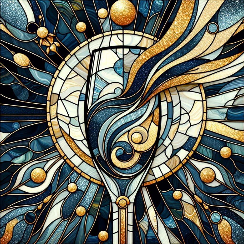 Elegant Art Nouveau Stained Glass Mosaic of a Gold Champagne...