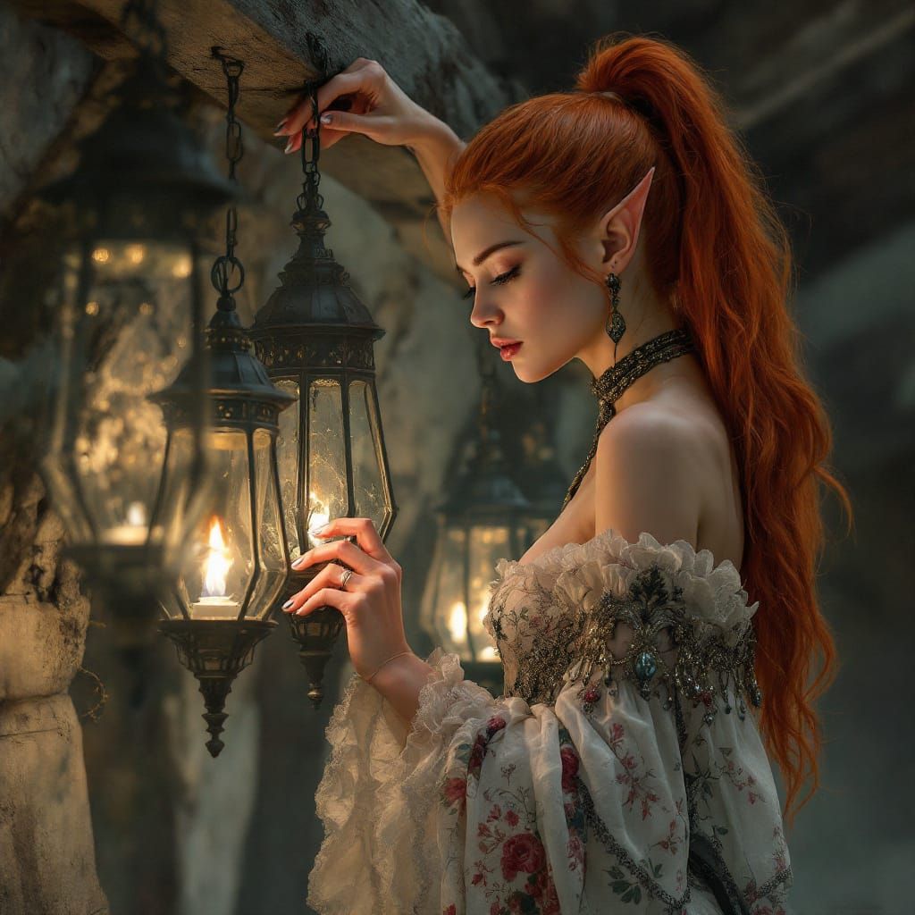 Elven Woman Lighting Lanterns in Controlled Chaos
