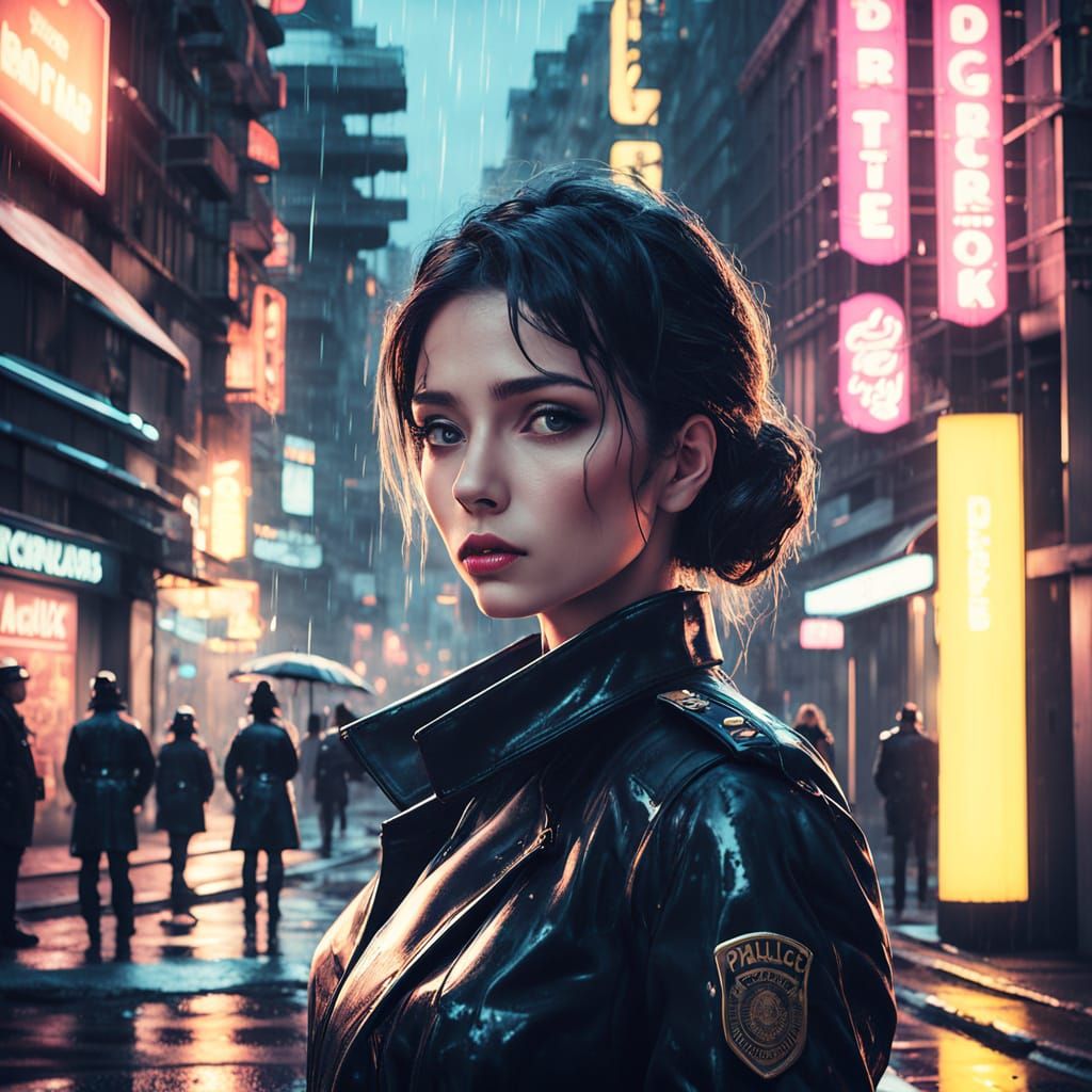 Retro-Futuristic Film Noir: Police Woman in Cityscape