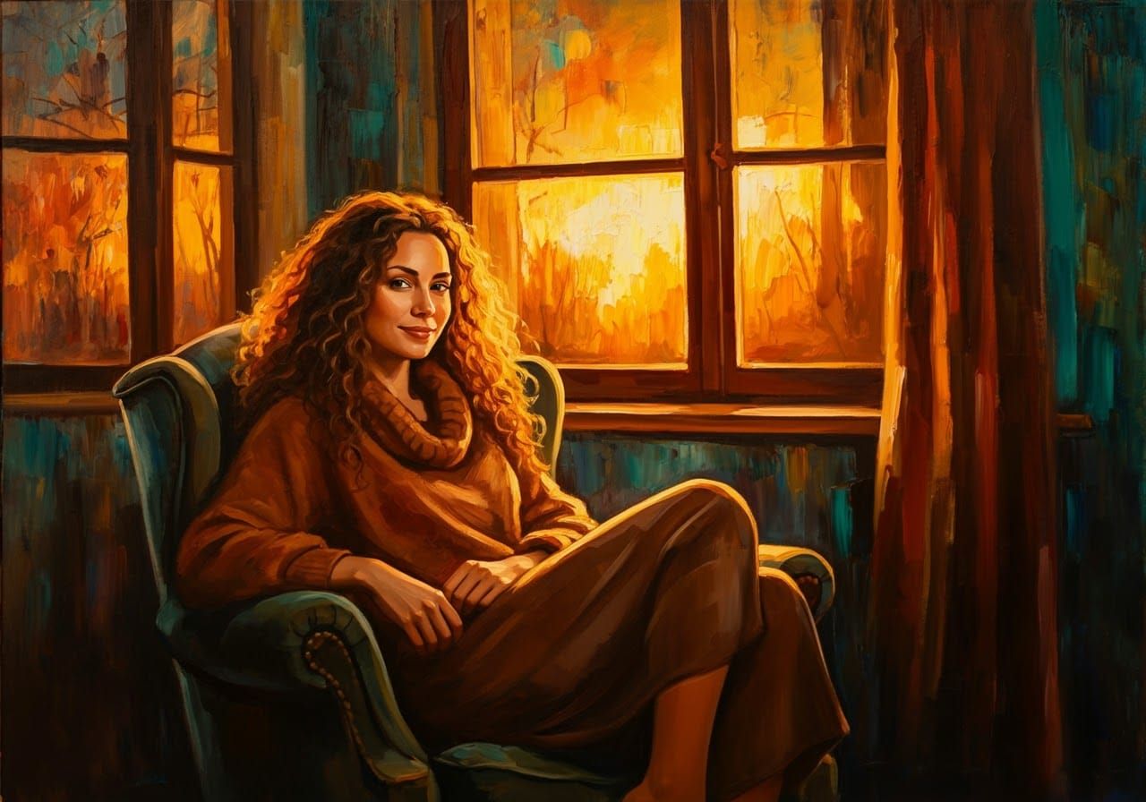 Cozy Woman in Armchair: Expressive Impasto Painting