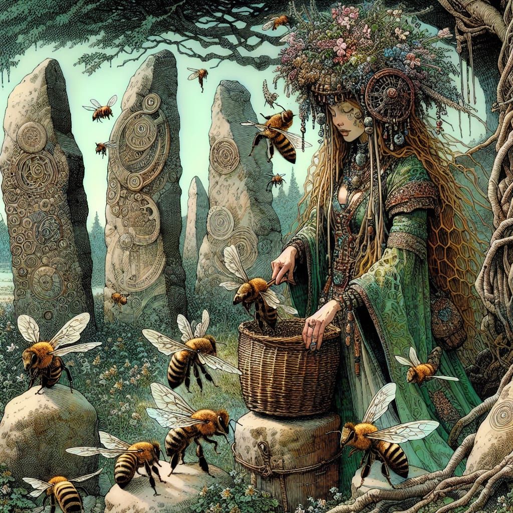 Sorceress Beekeeper in Ancient Enchanted Landscape