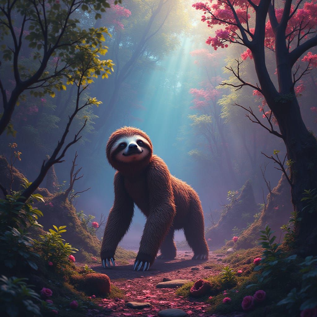 Surreal Sloth in a Dystopian Forest Landscape