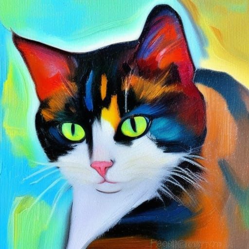 Calico Cat Oil Painting in Expressionist Style