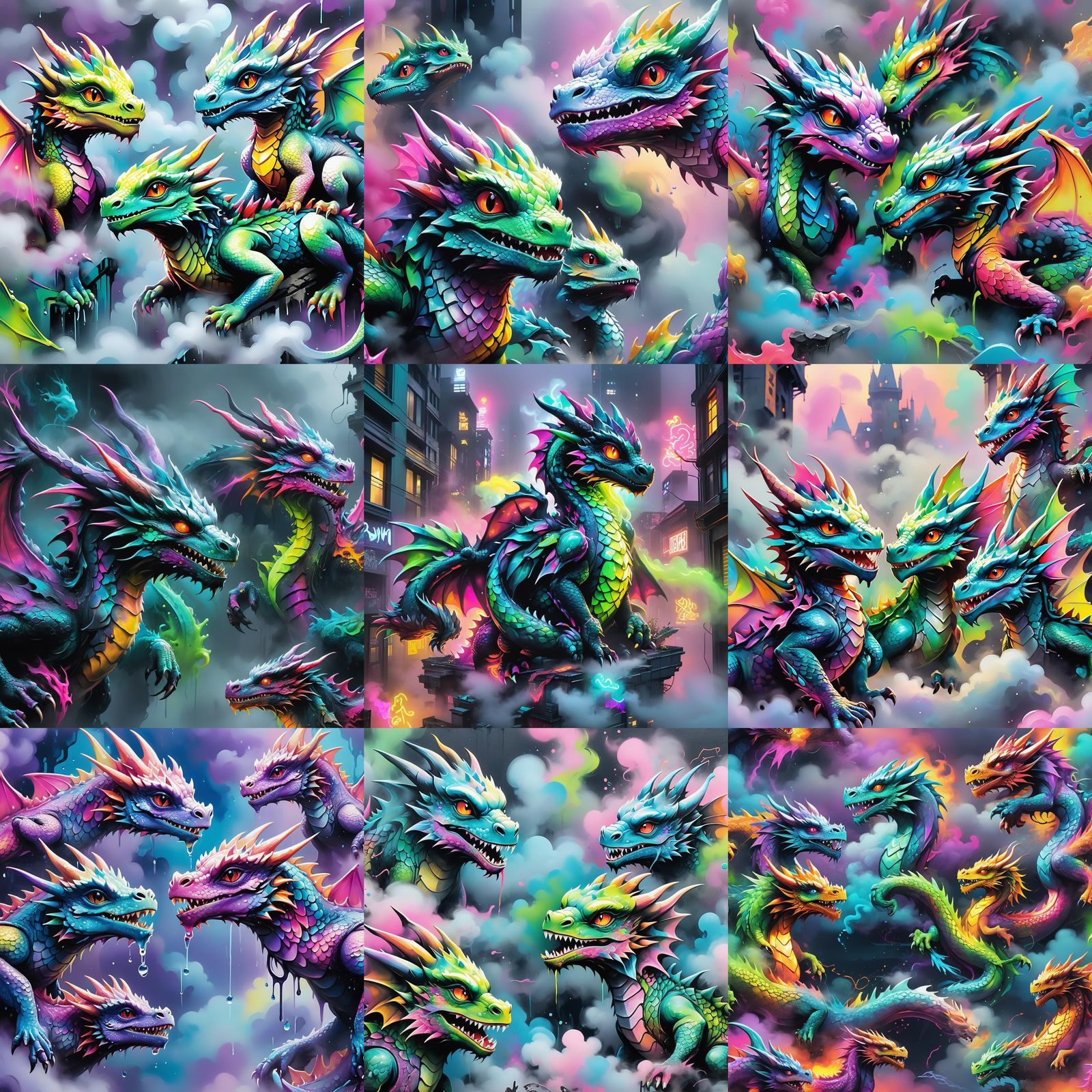 Elemental Baby Dragons in Graffiti Splash Art