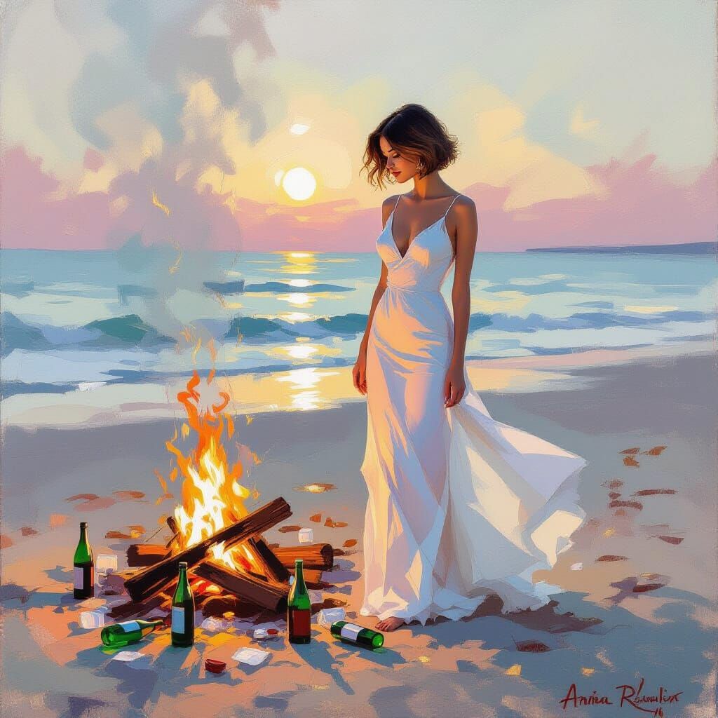Woman by Beach Fire in Impressionistic Style