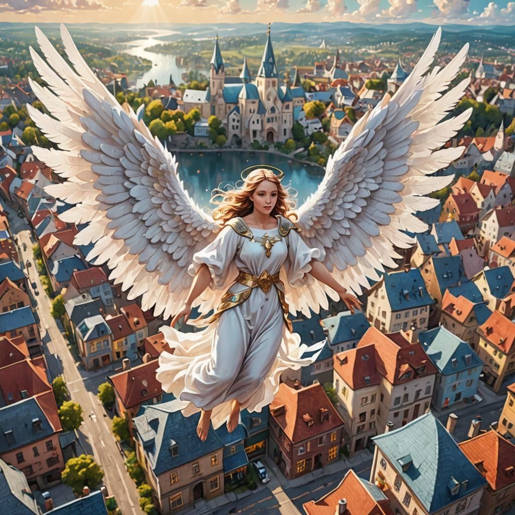 Magnificent Angel Soaring Over Cozy Town
