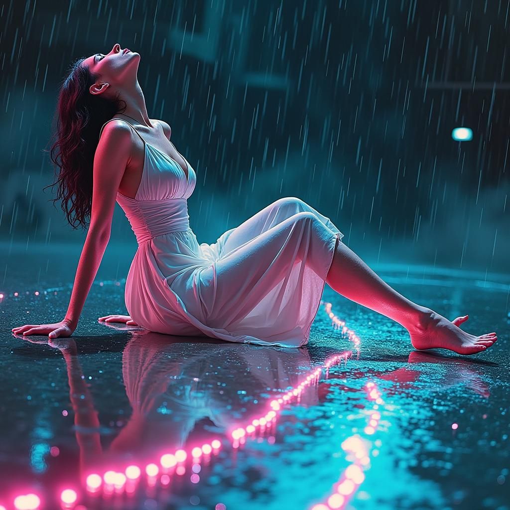 Woman Embraces Rain in Atmospheric Digital Painting