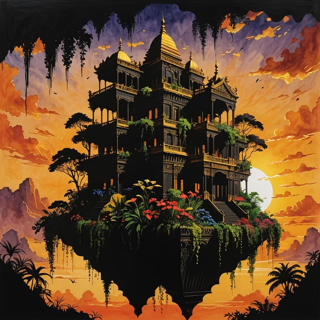 Babylon's Hanging Gardens Silhouette at Sunset in Art Nouvea...