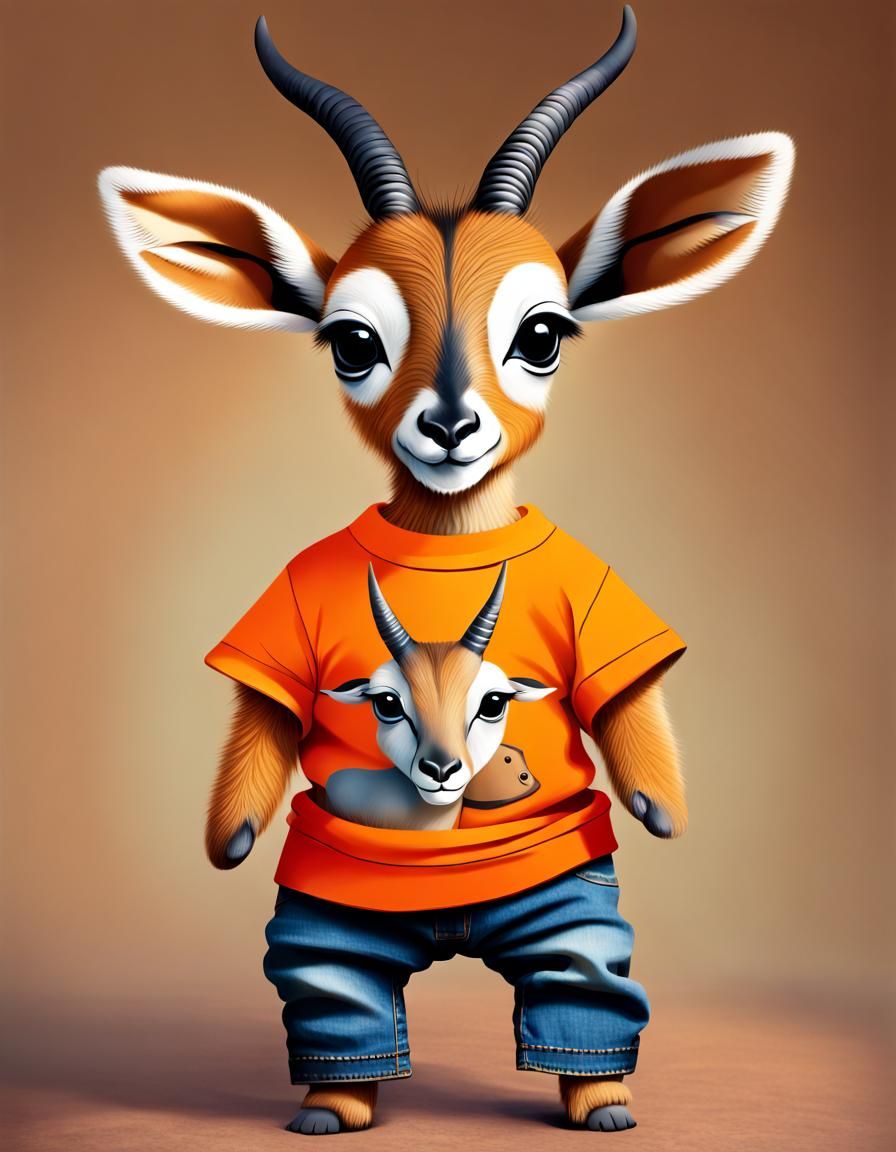 Anthropomorphic Tibetan Antelope Toddler in Orange T-Shirt