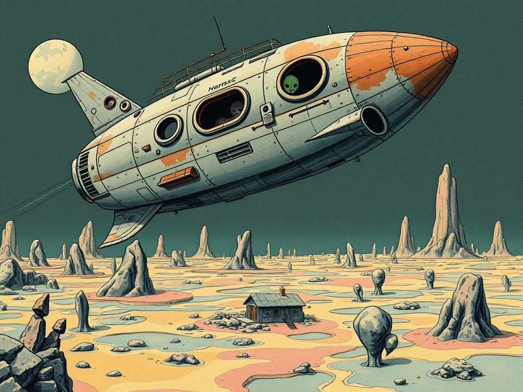 Clunky Vintage Spaceship Over Melting Asteroid Landscape