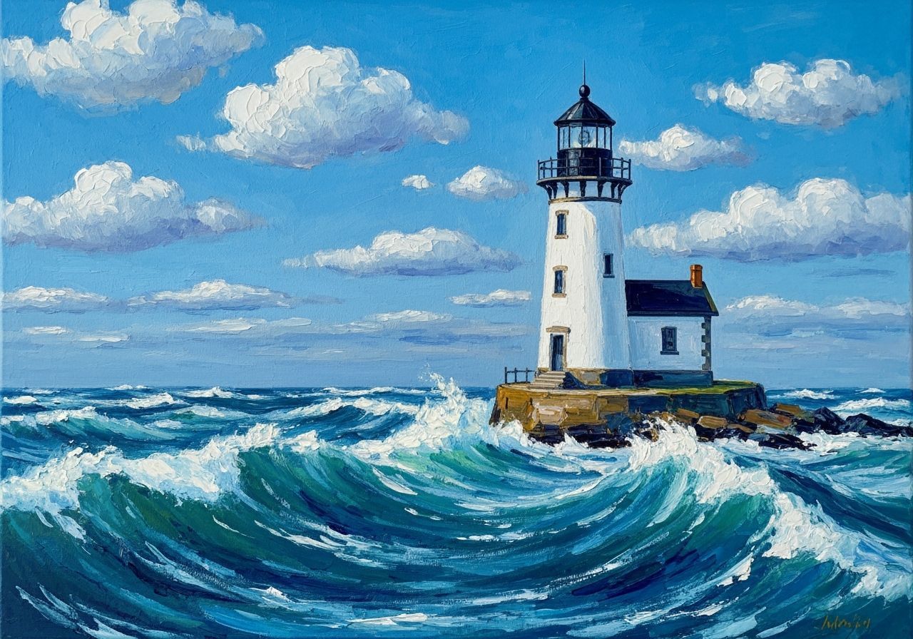 Impressionist Lighthouse Amidst Turbulent Blue Waves