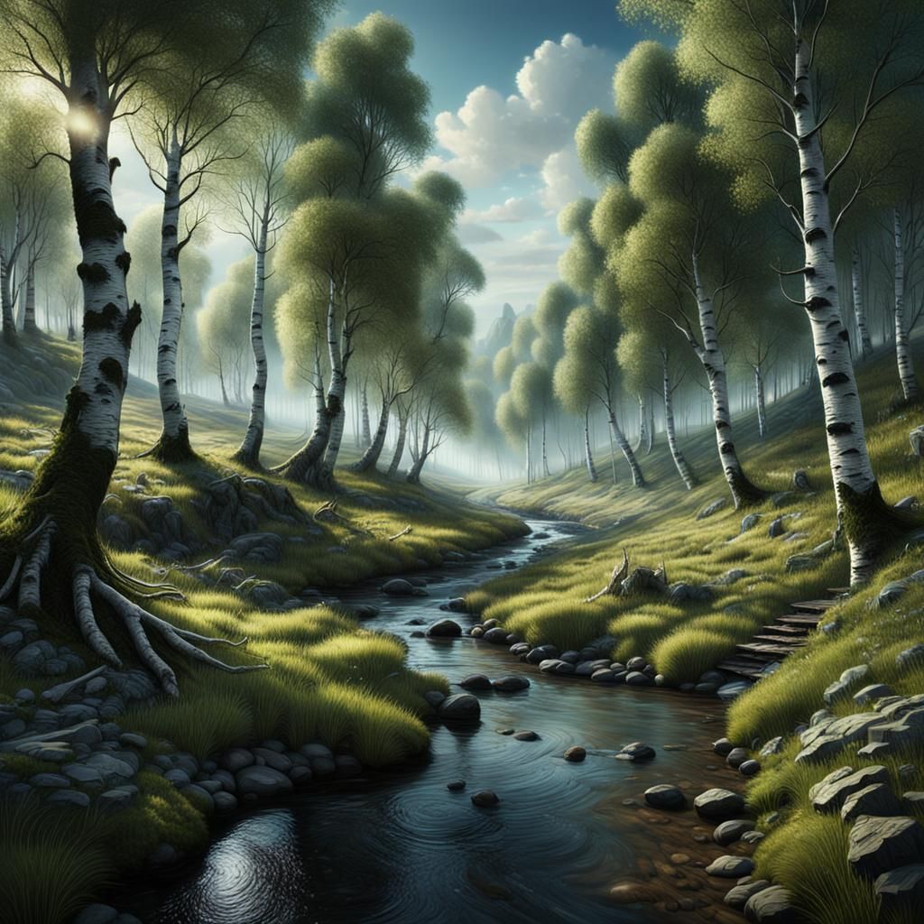 Picturesque Birch Grove with Stream: Digital Matte Painting