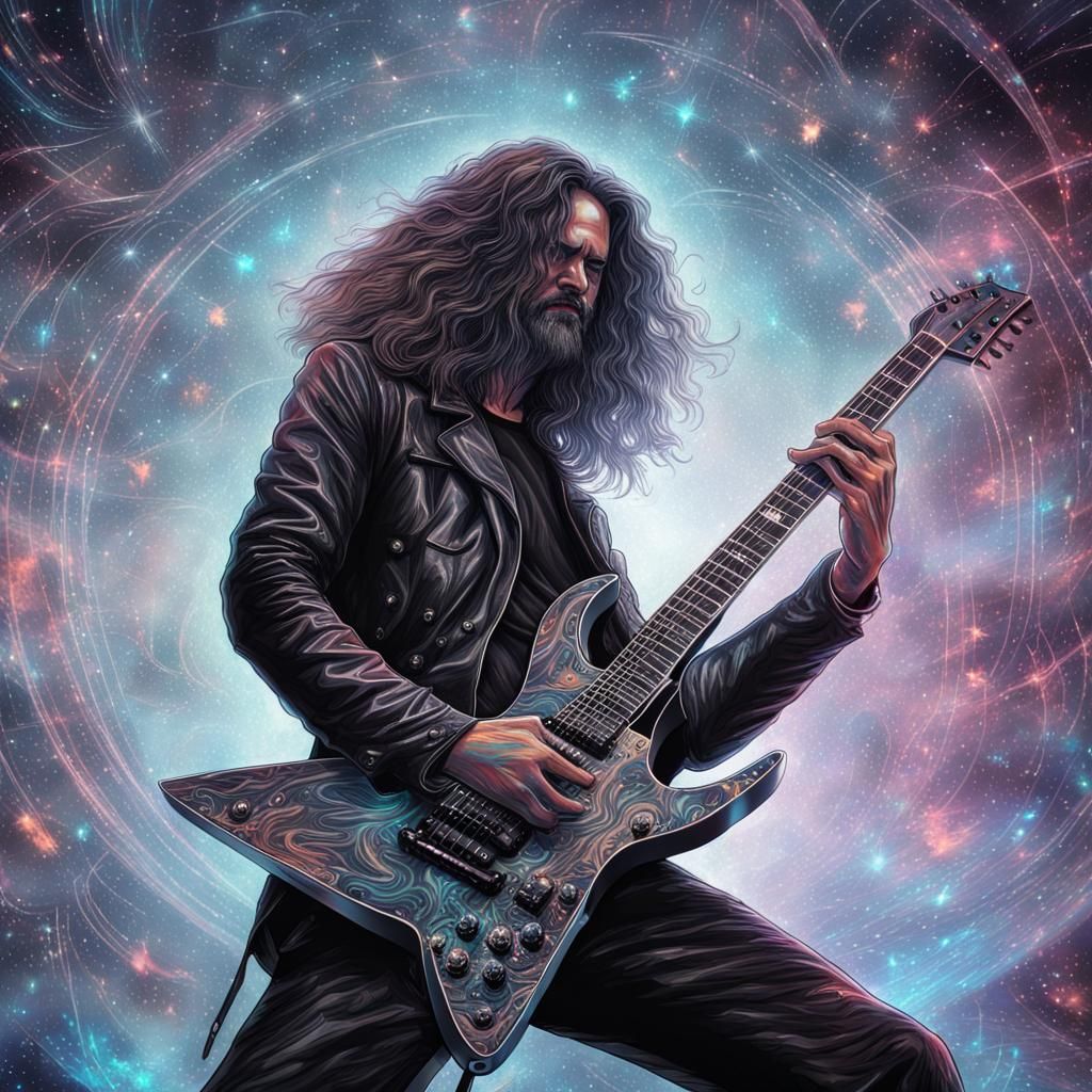 Heavy Metal Guitarist in Holographic Astral Illustration