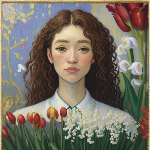 Neo-Impressionist Portrait of Woman with Flowers