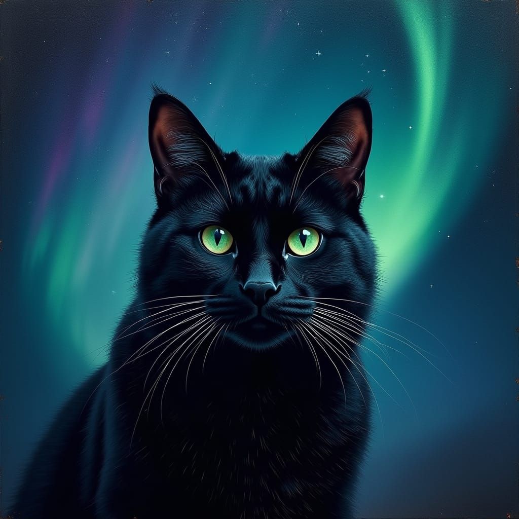 Mystical Black Cat Under Northern Lights