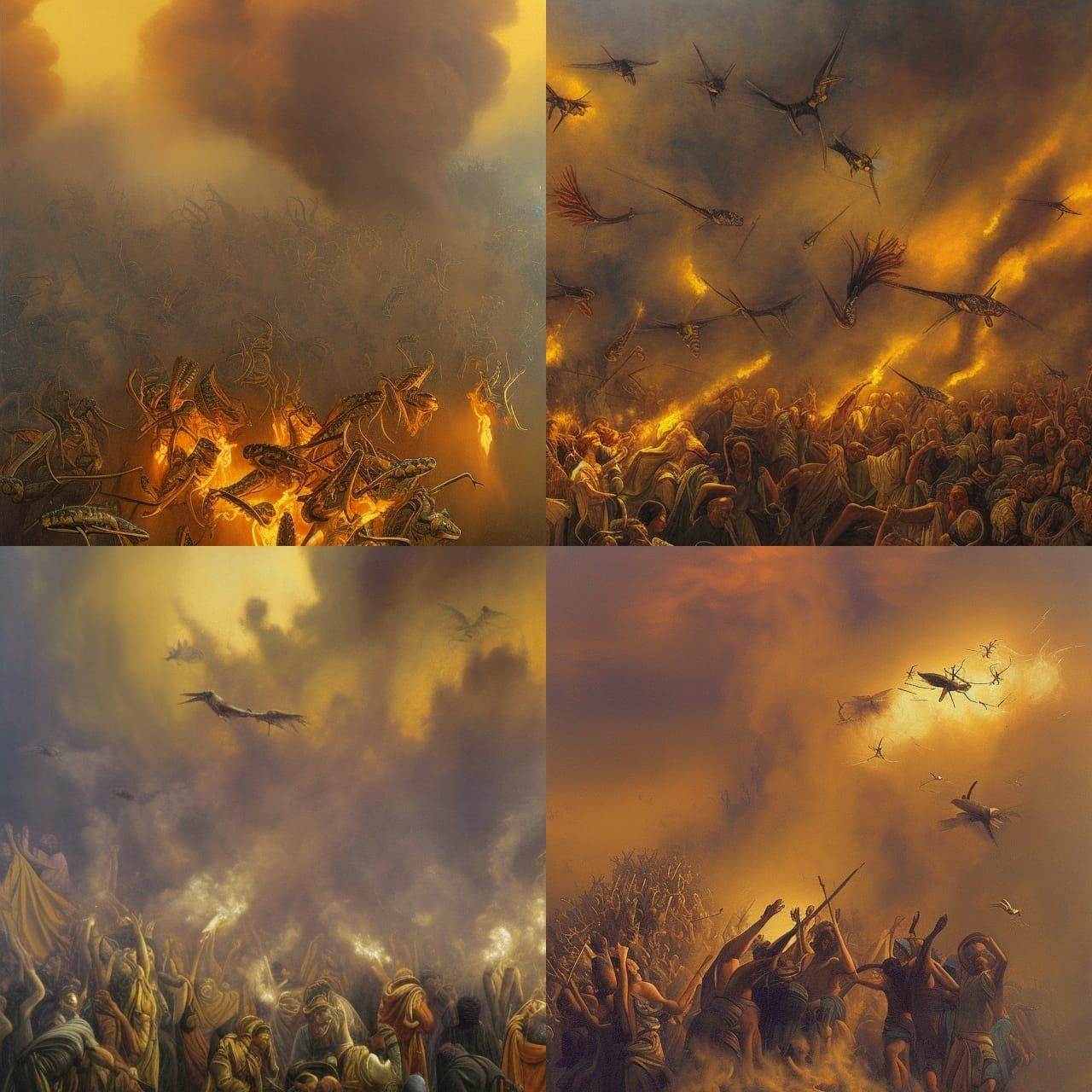 Biblical Locust Swarm in Ominous Smoke, Oil Painting