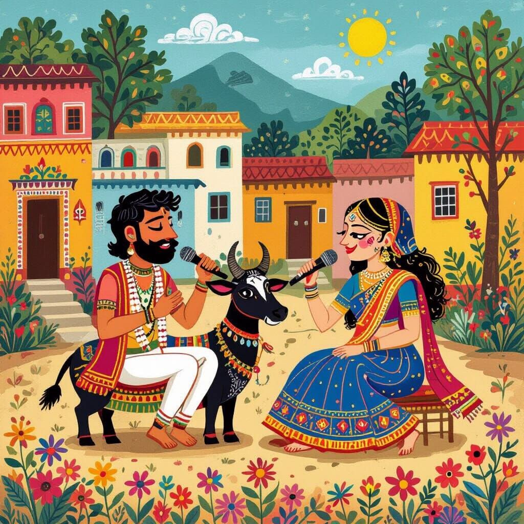 Colorful Indian Village Scene in Folk Art Style