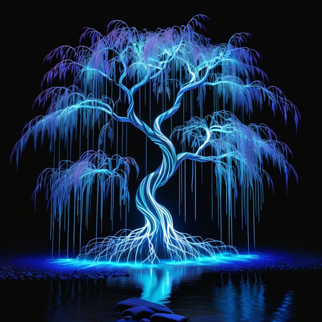 Neon Holographic Weeping Willow Tree on Stream Edge
