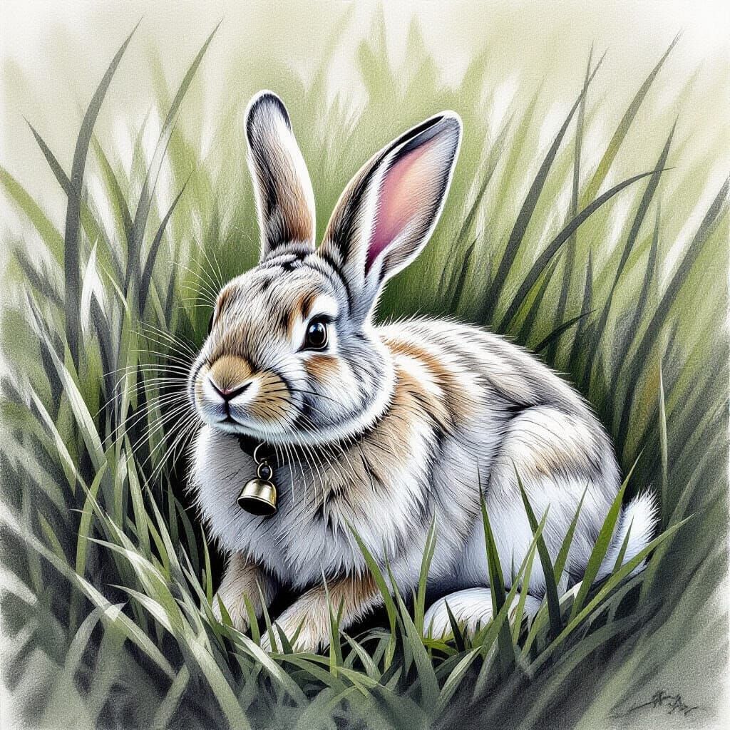 Rabbit in Grass: Realistic Charcoal Drawing with Bell