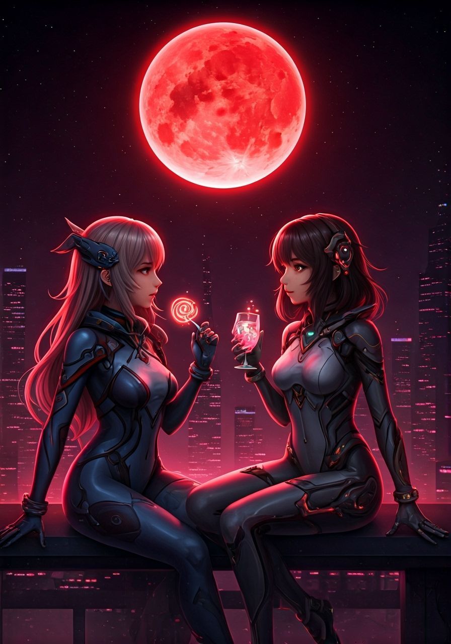 Futuristic Women Share Glowing Treats Under Red Moon