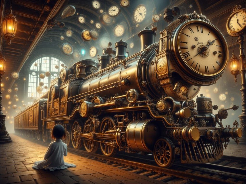 Girl Amazed by Steampunk Train in Victorian Station