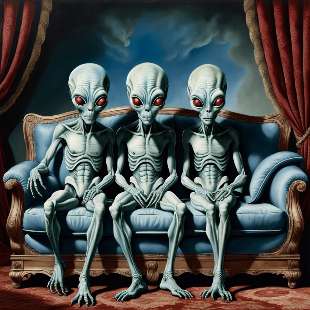 3 Aliens Sitting on a Sofa