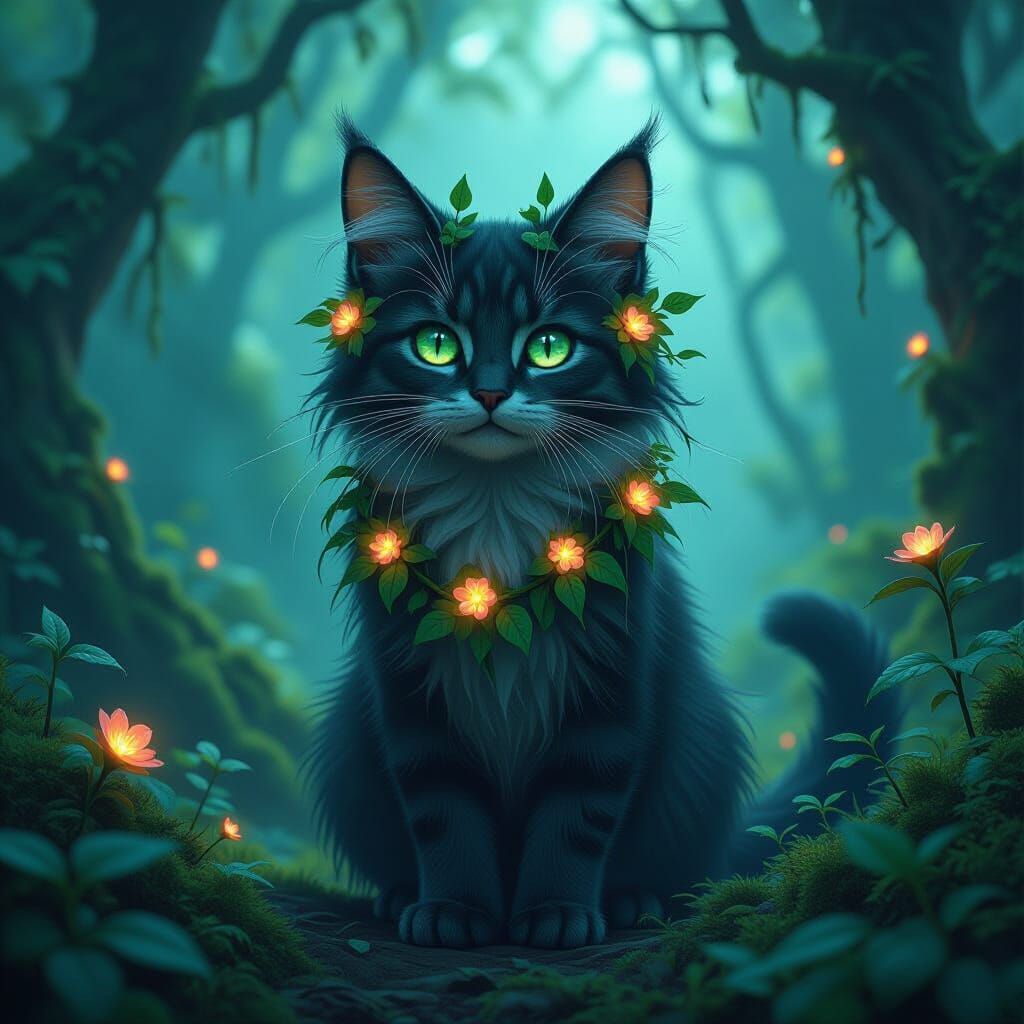 Enchanted Forest Cat with Floral Fur, Digital Art