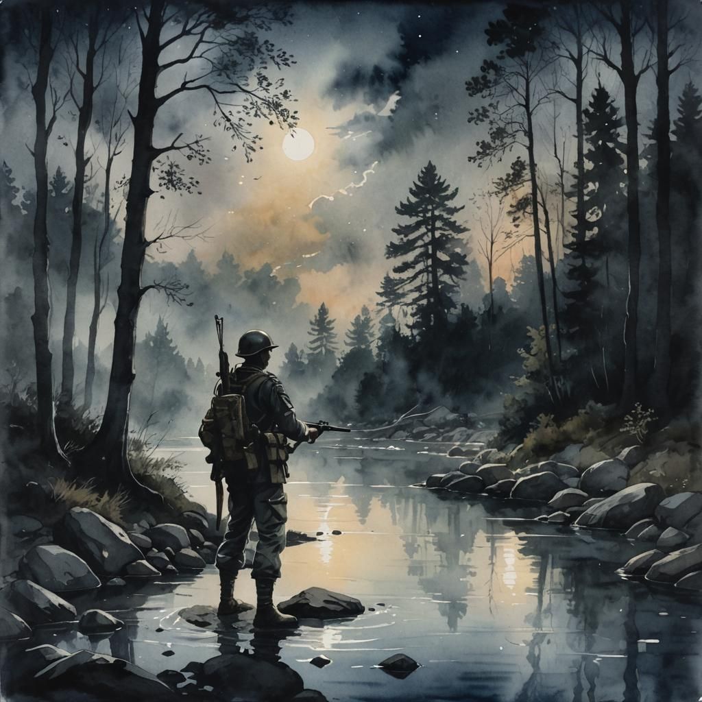 Mystical Soldier Surrender in Watercolor Silhouette