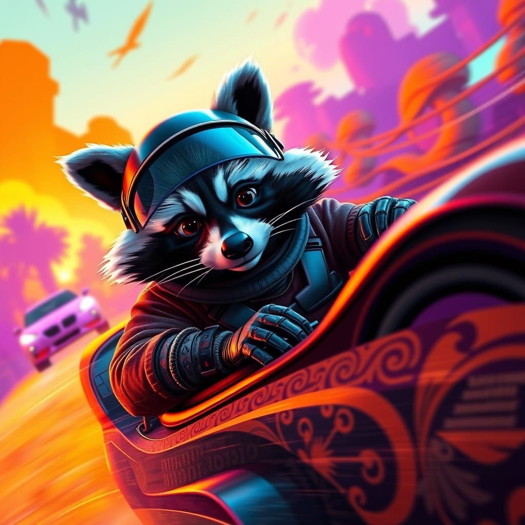 Raccoon Racer in Dynamic Art Nouveau Style